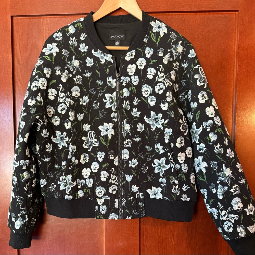 Eva Longoria Black Floral Embroidered Bomber Jacket NWOT